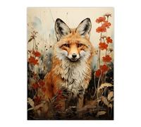 Wall Art Print Red Fox with Wildflowers Watercolour Painting Amber Cream Grey Woodland Creature in Autumn Field Floral Animal Portrait Poster Artery8 Beige W18 inch x H24 inch