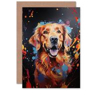 Artery8 Red Golden Retriever Dog Lover Gift Pet Portrait Orange Blue on Black Artwork Painting Greeting Card Artery8 Multicolor