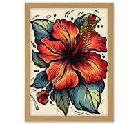 Artery8 Red Hibiscus Old School USA Tattoo Ink Body Art Rockabilly Americana 50s Artwork Framed A3 Wall Art Print