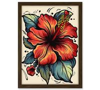 Artery8 Red Hibiscus Old School USA Tattoo Ink Body Art Rockabilly Americana 50s Artwork Framed A3 Wall Art Print