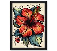 Artery8 Red Hibiscus Old School USA Tattoo Ink Body Art Rockabilly Americana 50s Artwork Framed A3 Wall Art Print