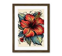 Artery8 Red Hibiscus Old School USA Tattoo Ink Body Art Rockabilly Americana 50s Artwork Framed Wall Art Print 18X24 Inch