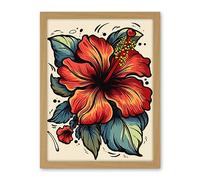 Artery8 Red Hibiscus Old School USA Tattoo Ink Body Art Rockabilly Americana 50s Artwork Framed Wall Art Print 18X24 Inch