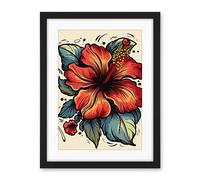 Artery8 Red Hibiscus Old School USA Tattoo Ink Body Art Rockabilly Americana 50s Artwork Framed Wall Art Print 18X24 Inch