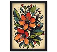 Artery8 Red Jasmine Flower Old School USA Tattoo Ink Body Rockabilly Americana 50s Artwork Framed Wall Art Print A4