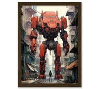 Artery8 Red Mecha Robot in City Street Anime Sci-Fi Artwork Giant Humanoid Machine Fantasy Science Fiction Artwork Framed A3 Wall Art Print