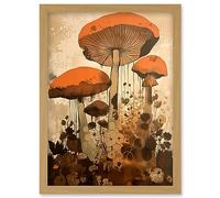 Artery8 Red Mushroom Fungi Earthy Pastel Colour Cottagecore Rustic Kitchen Decor Artwork Framed Wall Art Print A4