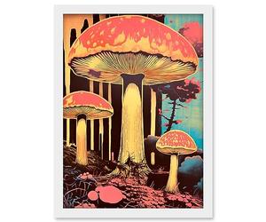 Artery8 Red Mushroom Fungi Pink Blue Bright Psychedelic Nature Kitchen Artwork Framed A3 Wall Art Print