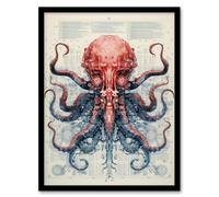 Red Octopus Robot Hybrid Secret Military Schematic Blueprint Futuristic Complex Arcane Manuscript Gift For Him Man Cave Art Print Framed Poster Wall D Artery8 Black W12 inch x H16 inch