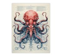 Artery8 Red Octopus Robot Hybrid Secret Military Schematic Blueprint Futuristic Complex Arcane Manuscript Gift For Him Man Cave Unframed Wall Art Artery8 Multicolor W12" x H16"