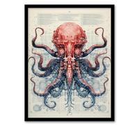 Red Octopus Robot Hybrid Secret Military Schematic Blueprint Futuristic Complex Arcane Manuscript Gift For Him Man Cave Art Print Framed Poster Wall D Artery8 Black W12 inch x H16 inch