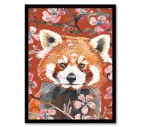 Artery8 Red Panda Cherry Blossom Tree Branch Watercolour Framed Wall Art | Size: A4 Artery8 Red A4