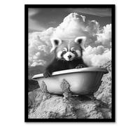 Artery8 Red Panda in Bathtub on Hill Black White Surreal Framed Art Print in Grey | Size: A4 Artery8 Grey A4
