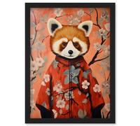 Wall Art Print Red Panda in Kimono Cherry Blossom Trees Japan Artwork Framed A4 Artery8 Black A4