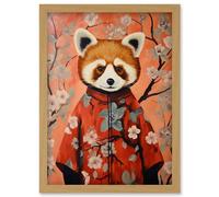 Wall Art Print Red Panda in Kimono Cherry Blossom Trees Japan Artwork Framed A4 Artery8 Light Oak A4