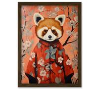 Wall Art Print Red Panda in Kimono Cherry Blossom Trees Japan Artwork Framed A4 Artery8 Brown A4