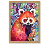 Red Panda Polygon Pattern Folk Art Artwork Framed Wall Art Print A4 Artery8 Light Oak One Size
