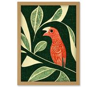 Artery8 Red Parrot On Tree Branch Vintage Linocut Illustration Artwork Framed Wall Art Print A4 in Light Oak Artery8 Light Oak