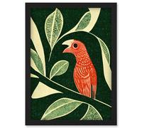 Artery8 Red Parrot On Tree Branch Vintage Linocut Illustration Wall Art Print - A4 Size