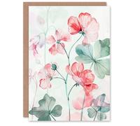 Artery8 Greeting Card Red Pastel Geranium Flowers Modern Watercolour For Her Woman Birthday Card