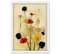Artery8 Red Poppies & Yellow Marigolds Wild Flowers Artwork Framed Wall Art Print A4 in White Artery8 White