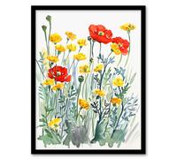 Artery8 Red Poppies & Yellow Marigolds Wildflower Field Framed Art Print | Size: A4 Artery8 Multicolor A4