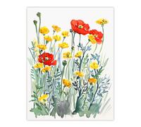 Artery8 Unframed Wall Art Red Poppies And Yellow Marigolds Wildflower Field - 12X16 Inch