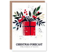 Artery8 Red Present 99 Percent Chance Of Socks Funny Blank For Him Or Her Art Christmas Card