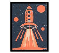Artery8 Red Rocket Spaceship Launch Retro Style Design Framed Art Print | Size: W12" x H16" Artery8 Red W12" x H16"