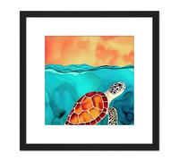 Artery8 Red Shelled Loggerhead Sea Turtle Illustration Square Wooden Framed Wall Art Print Picture 8X8 Inch in Black Artery8 Black