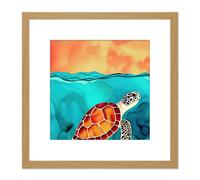 Artery8 Red Shelled Loggerhead Sea Turtle Illustration Square Wooden Framed Wall Art Print Picture 8X8 Inch in Light Oak Artery8 Light Oak