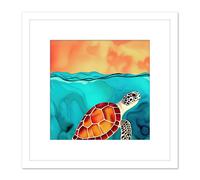 Artery8 Red Shelled Loggerhead Sea Turtle Illustration Square Wooden Framed Wall Art Print Picture 8X8 Inch in White Artery8 White