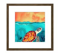 Artery8 Red Shelled Loggerhead Sea Turtle Illustration Square Wooden Framed Wall Art Print Picture 8X8 Inch in Brown Artery8 Brown
