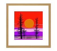 Artery8 Red Sky Sunset By Lake w/ Tree Outlines Colourful Landscape Modern Orange Red Purple Stencil Square Wooden Framed Wall Art Print Picture 8X8 Artery8 Light Oak