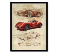 Artery8 Red Sports Car Design Sketch Drawing For Living Room Artwork Framed Wall Art Print 18X24 Inch