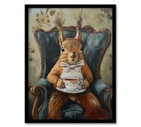 Artery8 Red Squirrel Bow Tie Tea Time Armchair Portrait Framed Art Print in Brown | Size: W12" x H16" Artery8 Brown W12" x H16"