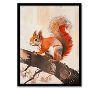 Artery8 Red Squirrel on Tree Branch Painting Drawing Framed Art Print in Brown | Size: A4 Artery8 Brown A4