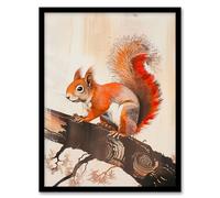 Red Squirrel on Tree Branch Painting Drawing Framed Art Print Artery8 Brown A4