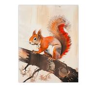 Red Squirrel on Tree Branch Painting Drawing Wall Art Print Artery8 Brown W18 inch x H24 inch