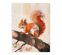 Red Squirrel on Tree Branch Painting Drawing Wall Art Print Artery8 Brown W24 inch x H32 inch
