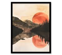 Red Sun Setting Behind Lakeside Forest Mountains Framed Art Print Artery8 Orange A4