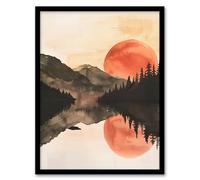 Red Sun Setting Behind Lakeside Forest Mountains Framed Art Print Artery8 Orange A4