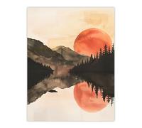 Artery8 Red Sun Setting Behind Lakeside Forest Mountains Living Room Large Wall Art Poster Print Thick Paper 18X24 Inch