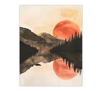 Red Sun Setting Behind Lakeside Forest Mountains Wall Art Print Artery8 Orange W24 inch x H32 inch