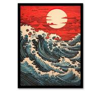 Artery8 Red Sunset Clouds And Storm Great Wave Off Kanagawa Framed Wall Art Print - A4 Size