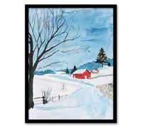 Artery8 Red Swedish Cottage in Winter Snow Countryside Living Room Artwork Framed Wall Art Print A4