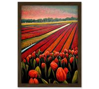 Artery8 Red Tulip Fields Of Holland Netherlands Modern Oil Artwork Framed Wall Art Print A4 in Brown Artery8 Brown