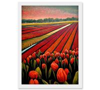 Artery8 Red Tulip Fields Of Holland Netherlands Modern Oil Artwork Framed Wall Art Print A4 in White Artery8 White