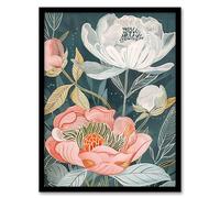 Artery8 Red White Peonies in Bloom Artwork Wildflowers Living Room Artwork Framed Wall Art Print A4