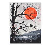 Artery8 Red Winter Sun and Birds on Forest Tree Landscape Living Room Extra Large XL Wall Art Poster Print